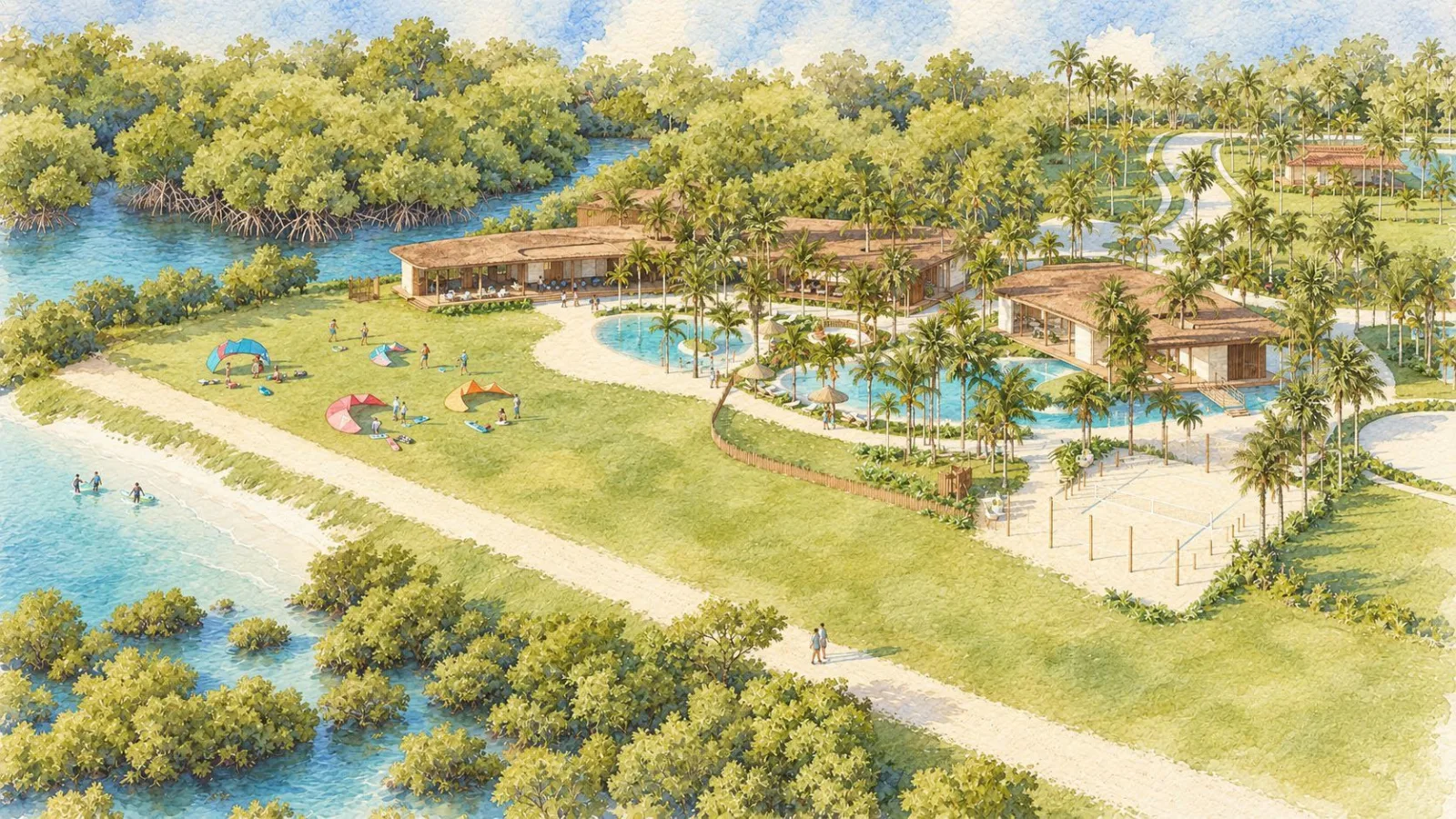 Aquarela aérea do Beach Club do Vila da Ilha