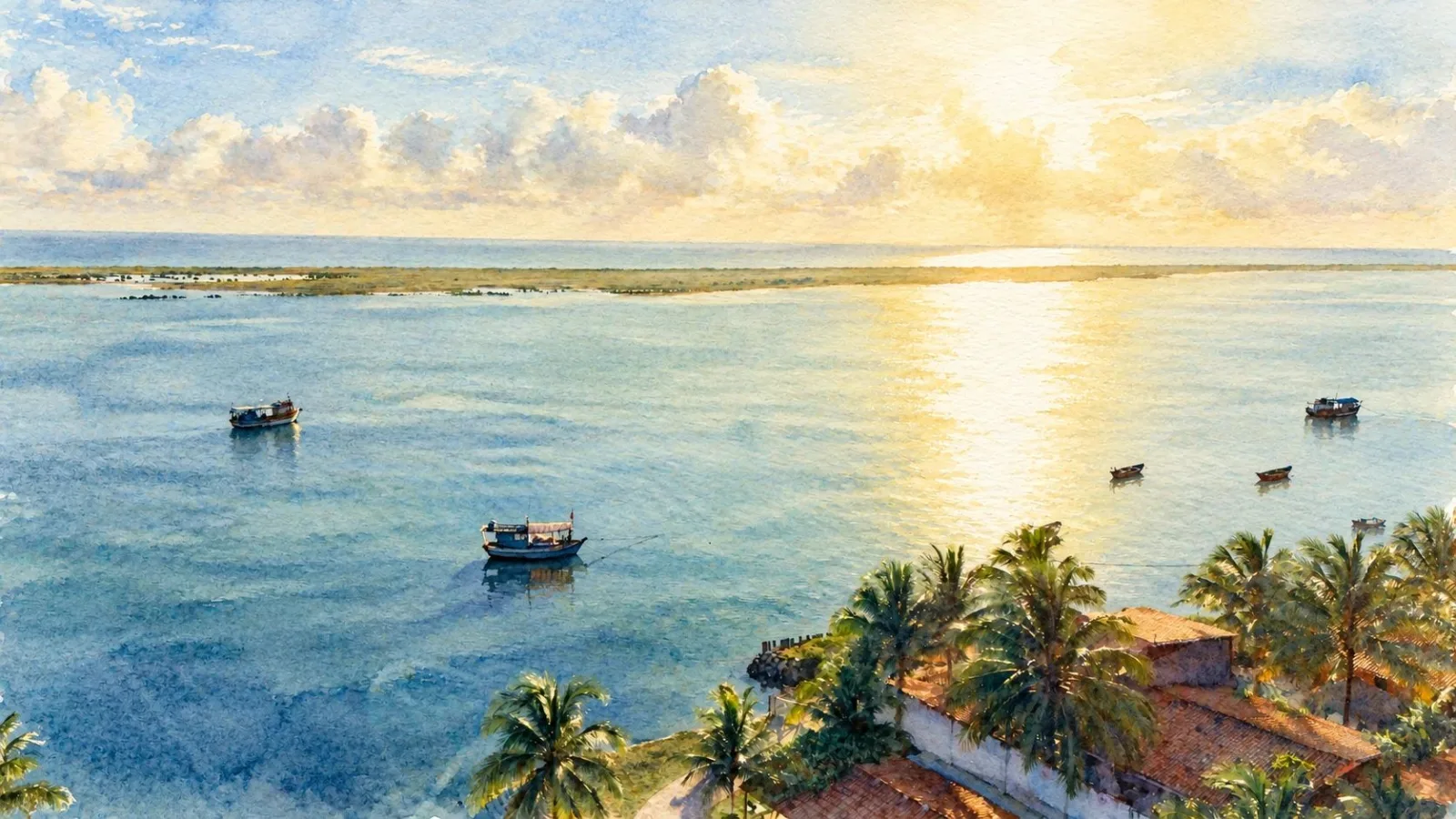 Aquarela do pôr do sol sobre o mar da Ilha do Guajiru
