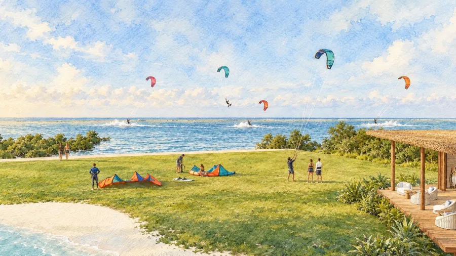 Aquarela do gramado da Kite School com kites armados