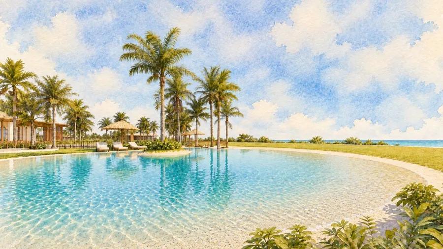 Aquarela da piscina lagoon de areia clara