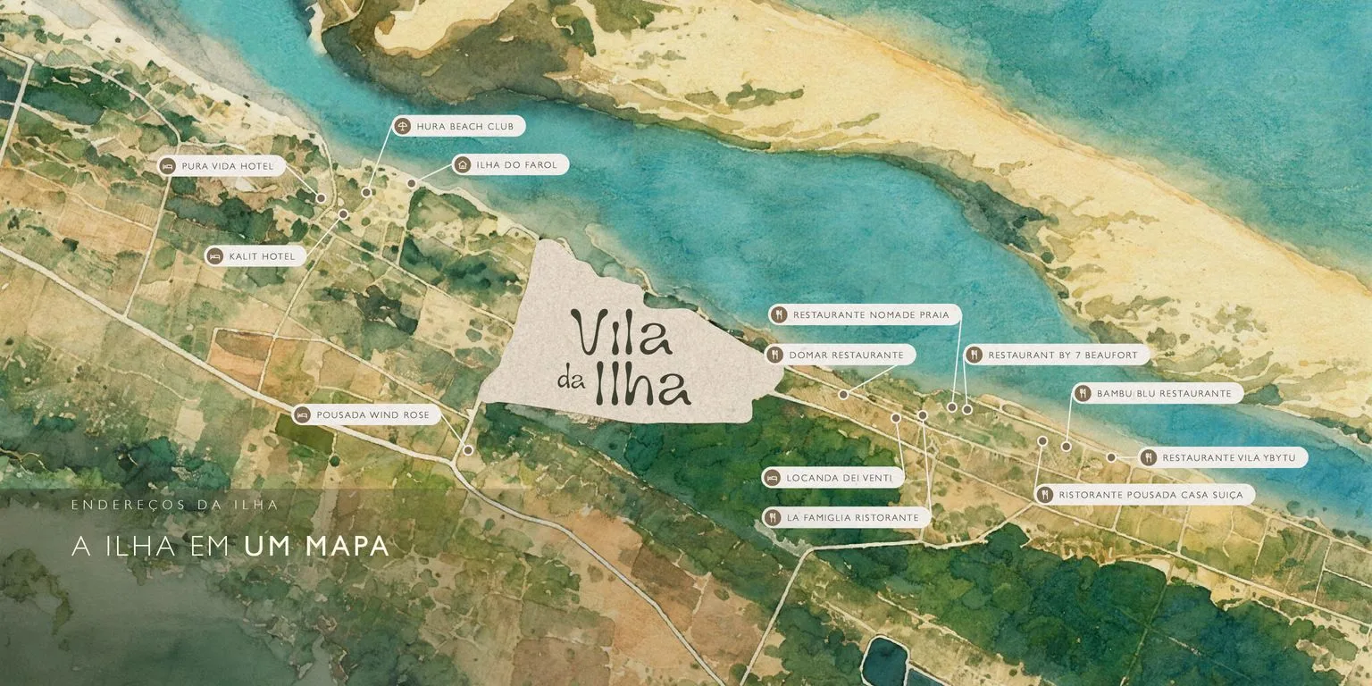 Mapa em aquarela da Ilha do Guajiru com o Vila da Ilha marcado