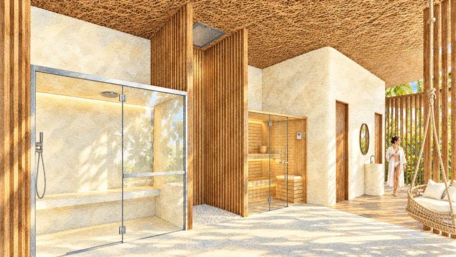 Aquarela do spa com sauna de madeira